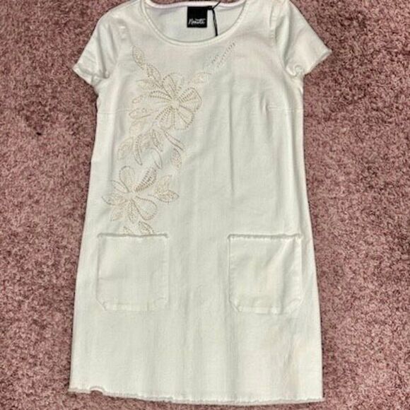 Nanette Lapore Crean Embroidered Floral Raw Edge Denim Cotton Shift Dress Sz S N - Picture 1 of 8